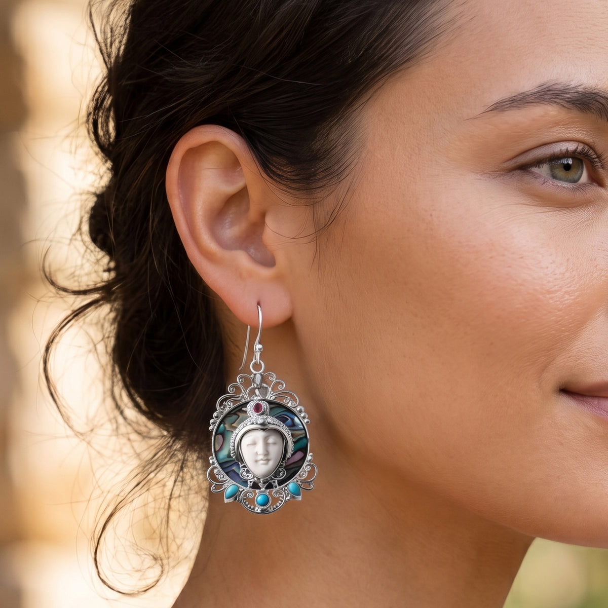 Royal Bali Collection - D'Joy Ox Bone, Fissure Filled Ruby, Abalone Shell &amp; Turquoise Goddess Earring with Hook in Sterling Silver 32.85 Ct, Silver Wt. 26.55 Gms 8286322 1