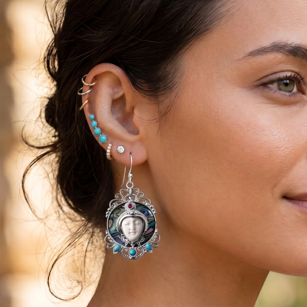 Royal Bali Collection - D'Joy Ox Bone, Fissure Filled Ruby, Abalone Shell &amp; Turquoise Goddess Earring with Hook in Sterling Silver 32.85 Ct, Silver Wt. 26.55 Gms 8286322 2