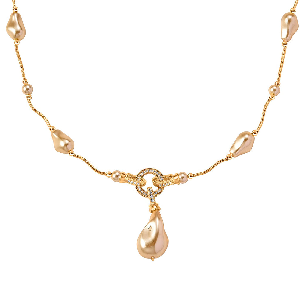 Golden Shell Pearl & White Cubic Zirconia Necklace (Size 24) in Yellow Gold Plated_8286828