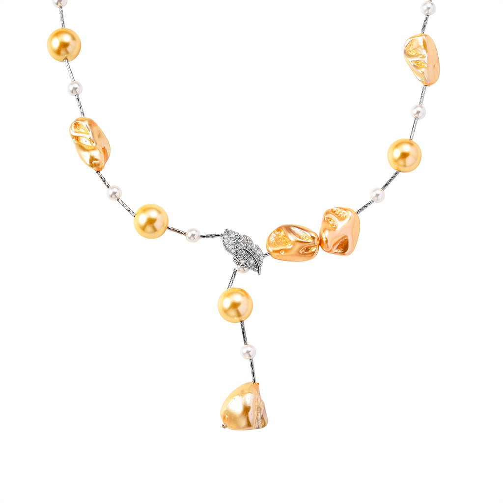 Golden Shell Pearl, White Cubic Zirconia & White Shell Pearl Necklace (Size 27.5 Adjustable) in Silver Tone_8286900