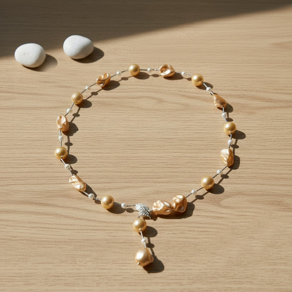 Golden Shell Pearl, White Cubic Zirconia and White Shell Pearl Necklace (Size 27.5 Adjustable) in Silver Tone V32533668 2