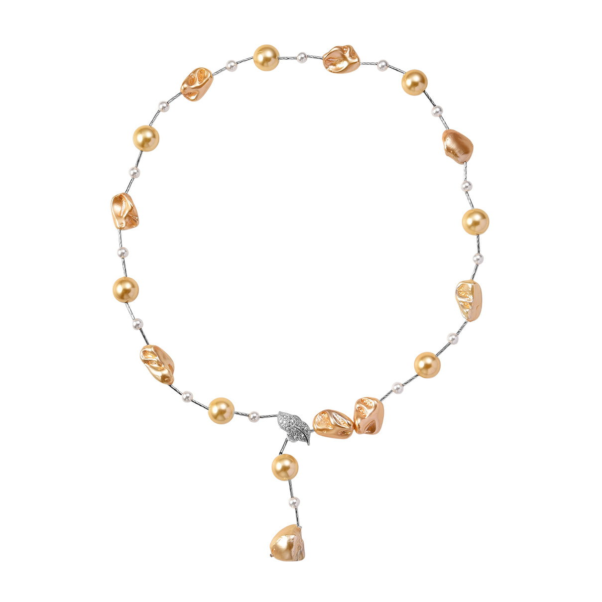 Golden Shell Pearl, White Cubic Zirconia and White Shell Pearl Necklace (Size 27.5 Adjustable) in Silver Tone V32533668 4