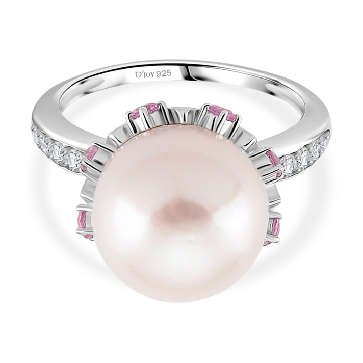 D'Joy White Edison Pearl, Pink Sapphire &amp; White Zircon Ring in Rhodium Overlay Sterling Silver 0.99 Ct. 8287629 1