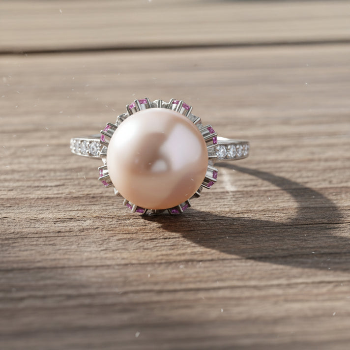 D'Joy White Edison Pearl, Pink Sapphire &amp; White Zircon Ring in Rhodium Overlay Sterling Silver 0.99 Ct. 8287629 2