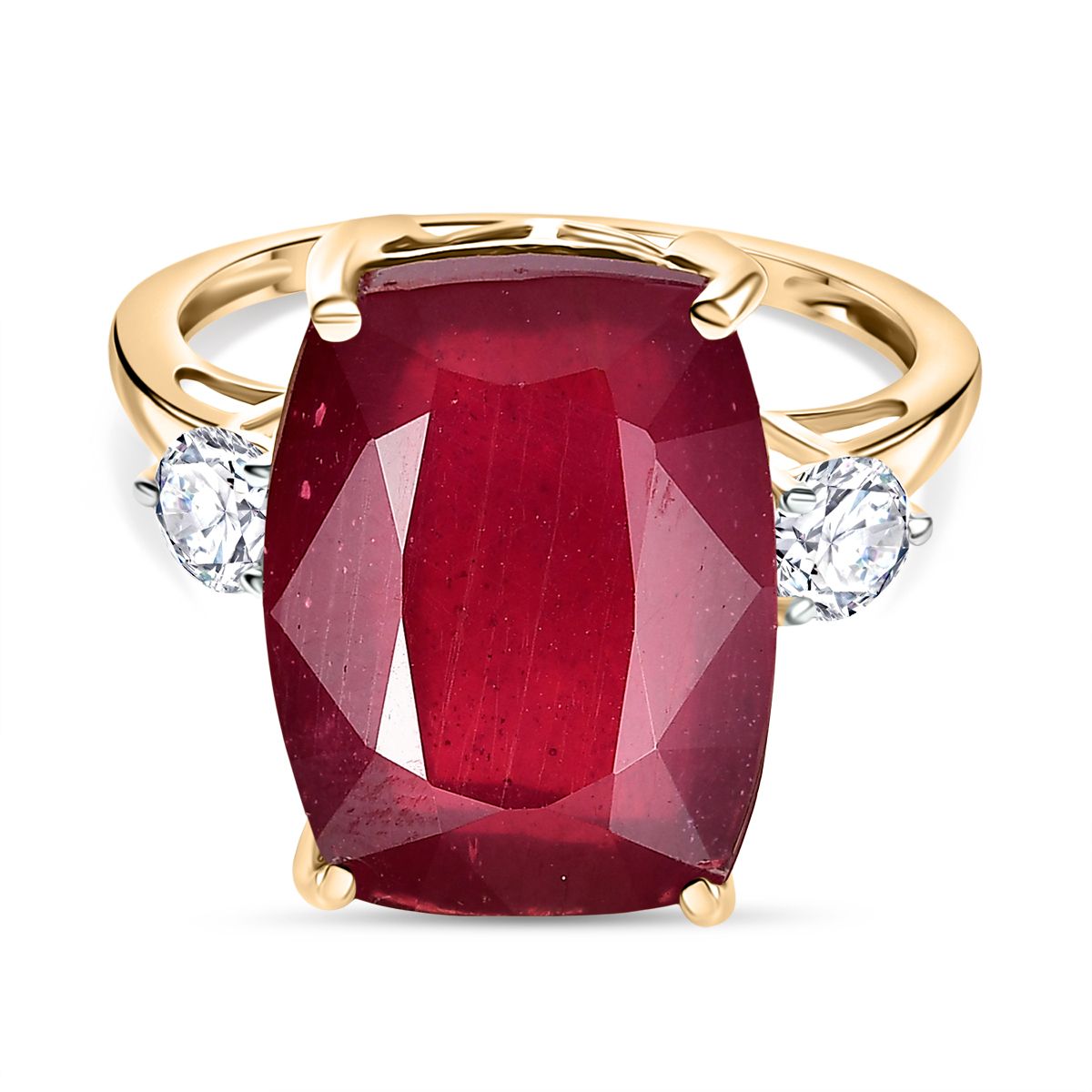 9K Yellow Gold AAA African Ruby & Lab Grown Diamond (SI/GH) Trilogy Ring 17.18 Ct._8287822