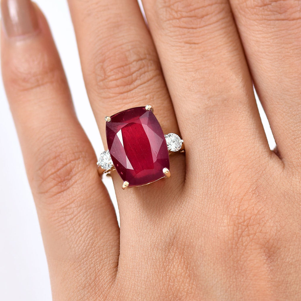 9K Yellow Gold AAA African Ruby & Lab Grown Diamond (SI/GH) Trilogy Ring 17.18 Ct._8287822_2