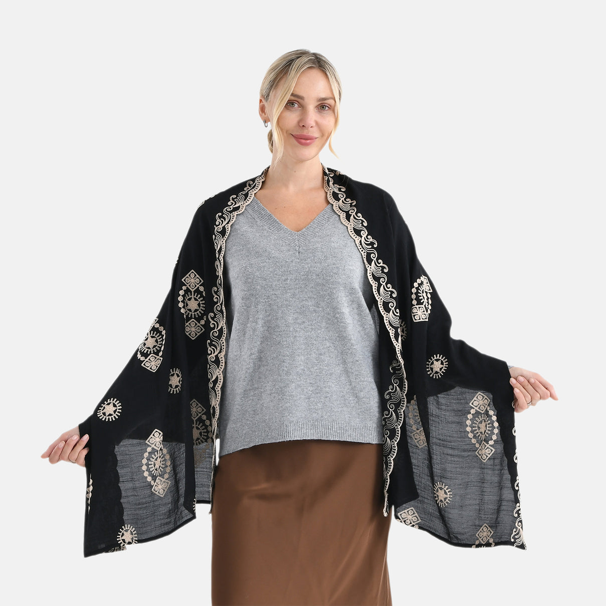 Super Soft Oversized Floral Embroidery Scarf (180 x 65cm) - Black V32530533 0