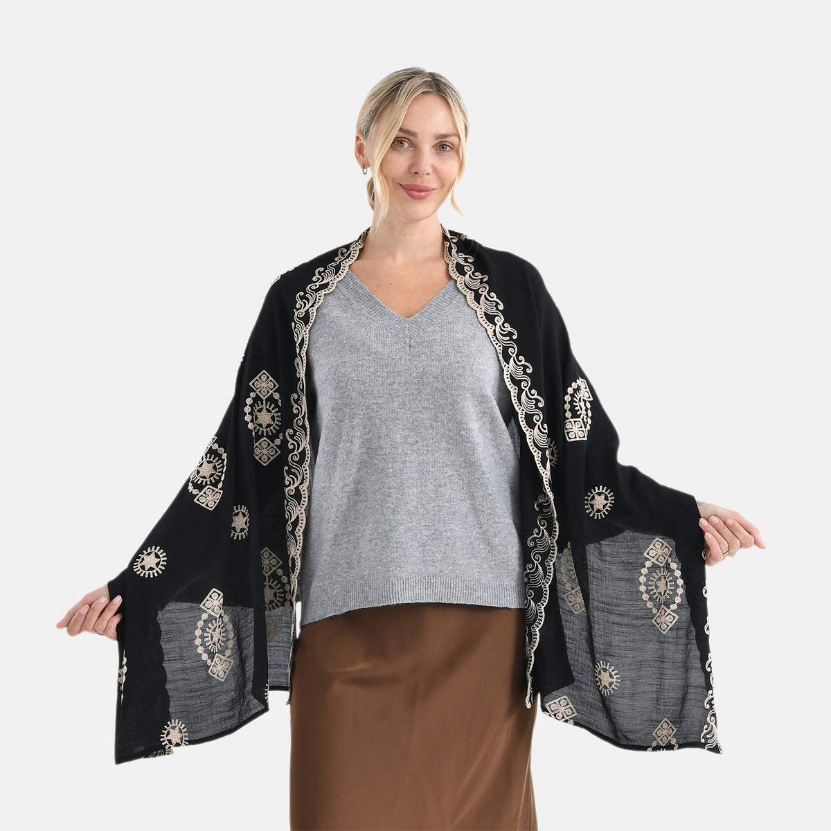Super Soft Oversized Floral Embroidery Scarf (180 x 65cm) - Black V32530533 0