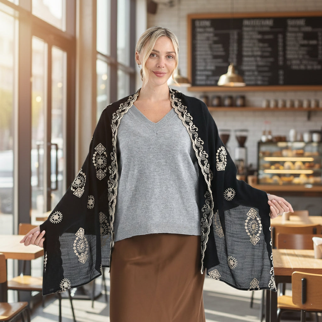 Super Soft Oversized Floral Embroidery Scarf (180 x 65cm) - Black V32530533 2