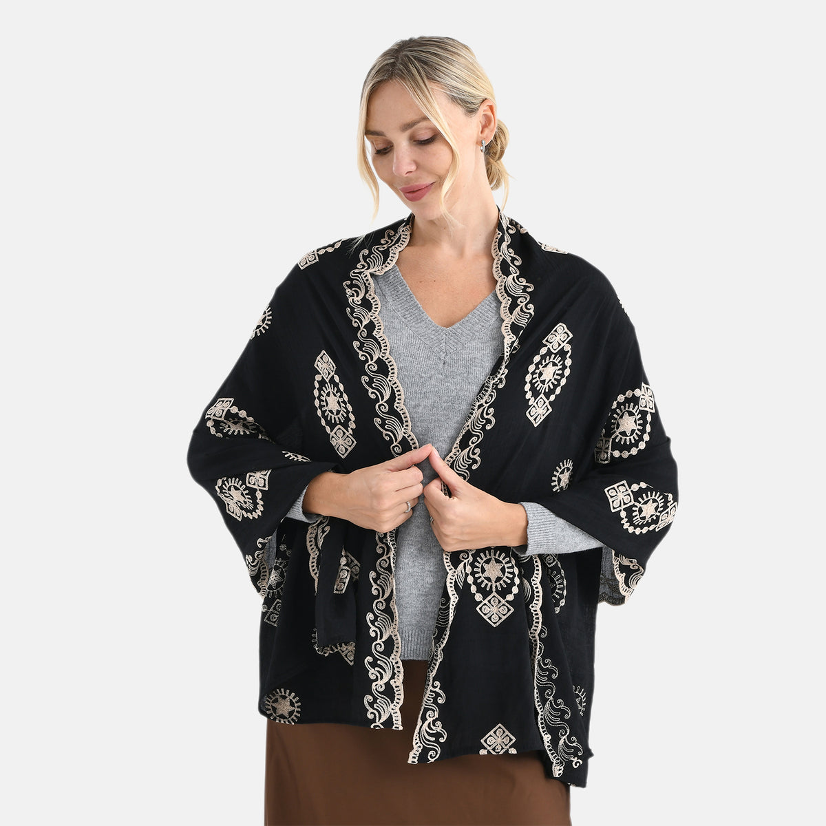 Super Soft Oversized Floral Embroidery Scarf (180 x 65cm) - Black V32530533 4