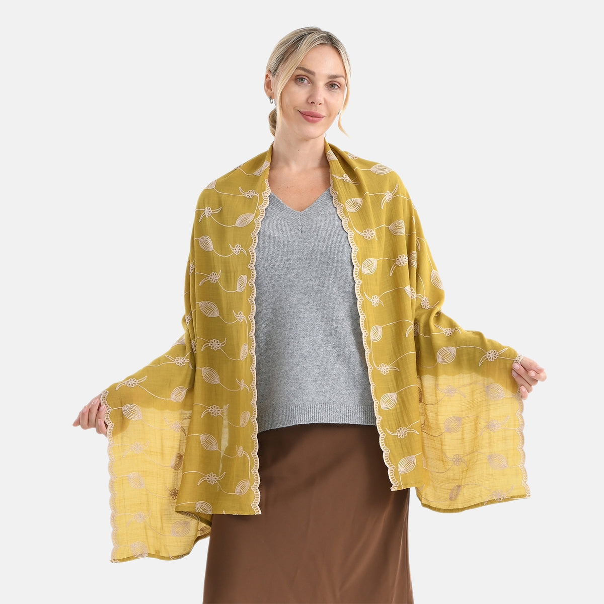 Super Soft Oversized Floral Embroidery Scarf (180 x 65cm) - Yellow V32602278 0