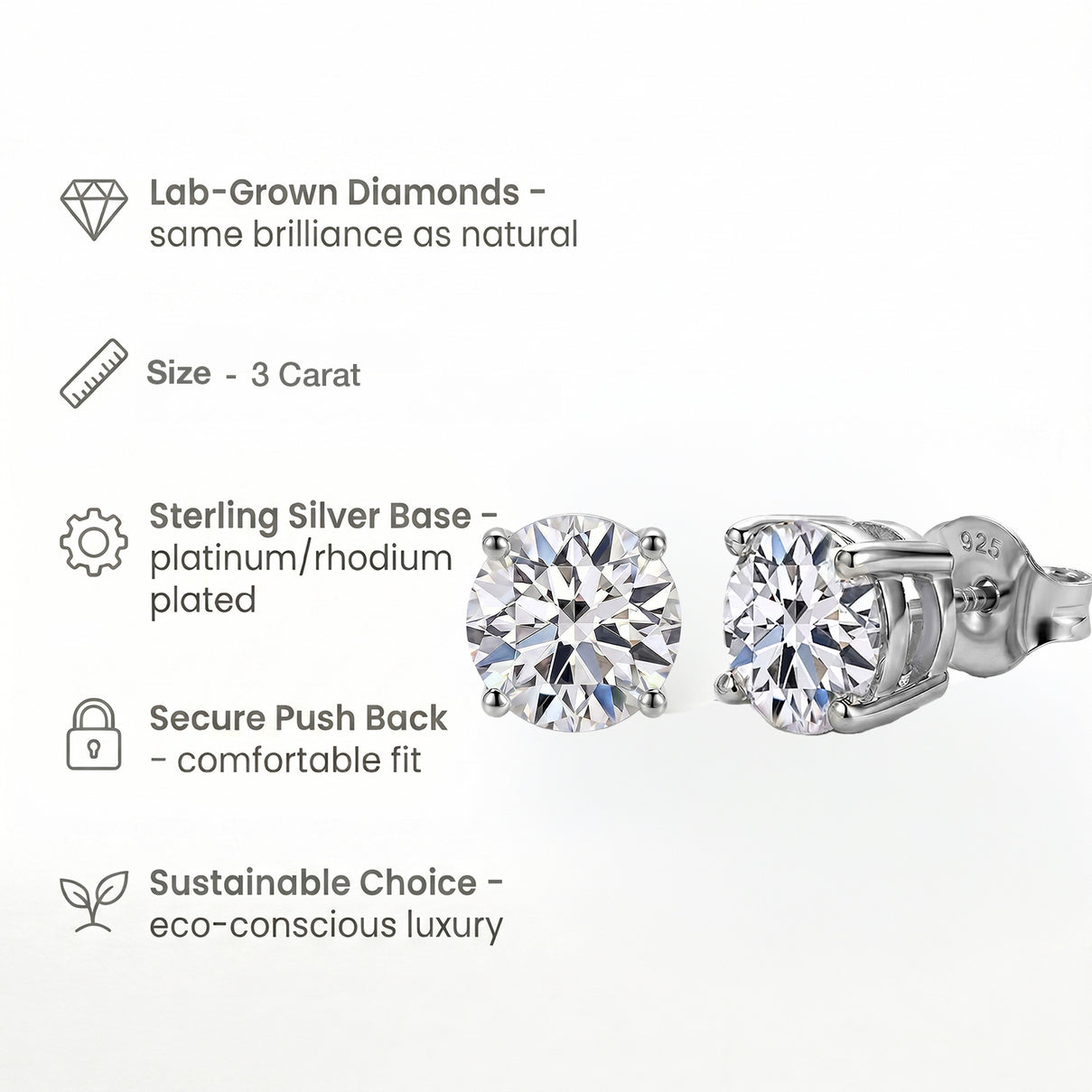 Luxuriant Lab Grown Diamond (SI/GH) Solitaire Earring with Push Back in Rhodium Overlay Sterling Silver 3.00 Ct. 8291081 4