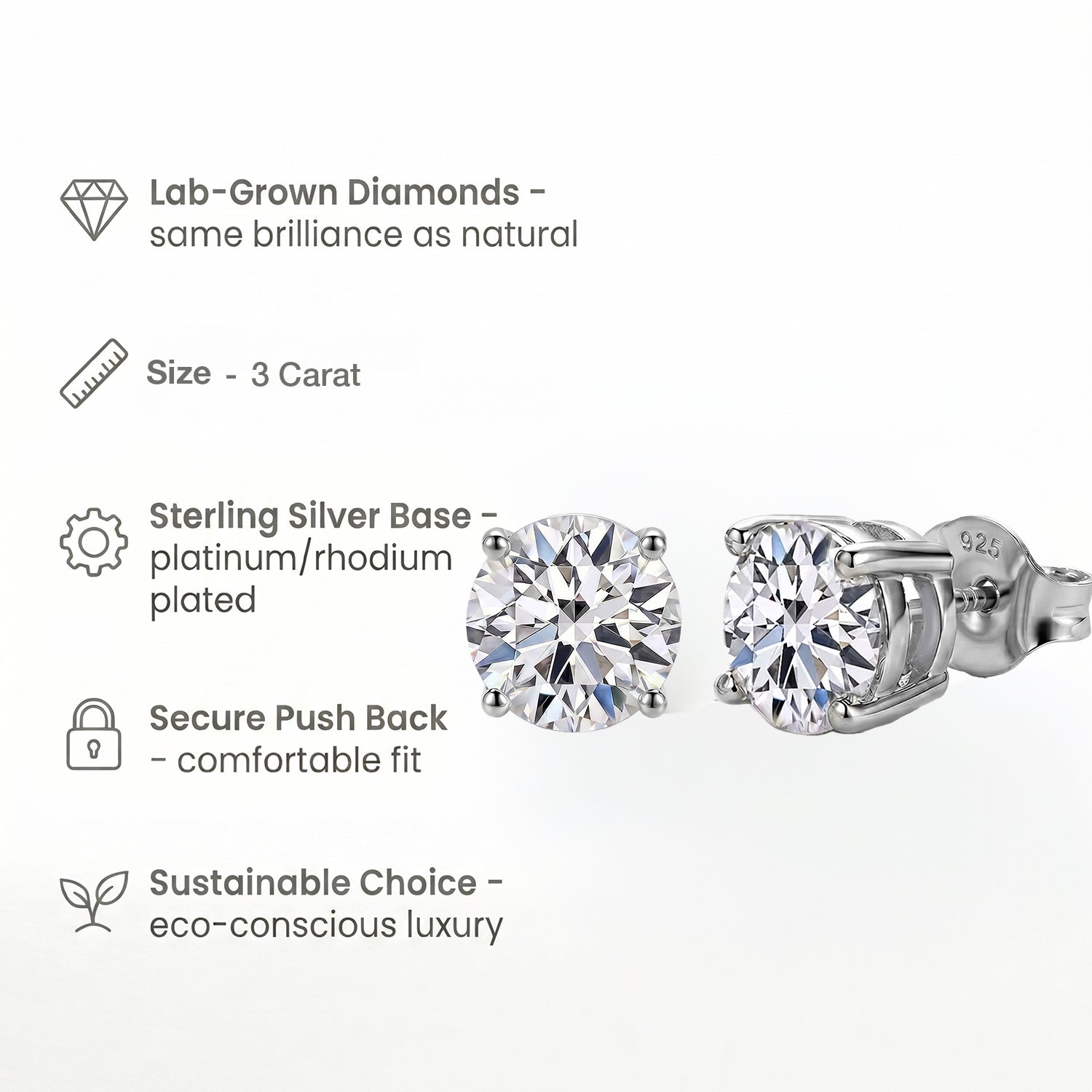 Luxuriant Lab Grown Diamond (SI/GH) Solitaire Earring with Push Back in Rhodium Overlay Sterling Silver 3.00 Ct. 8291081 4