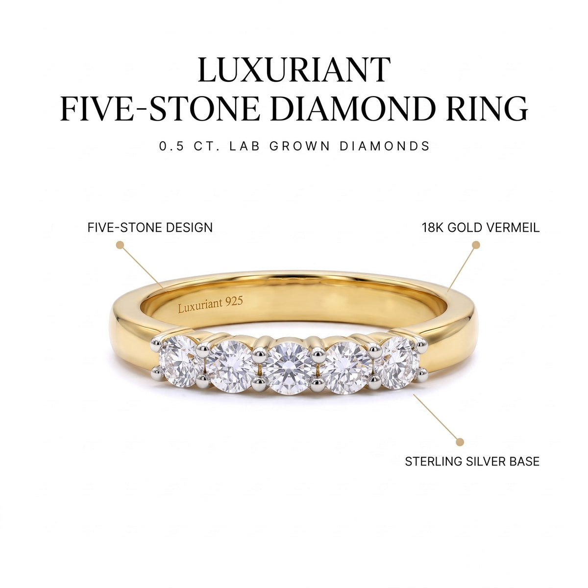 LUXURIANT 0.5 Ct. Lab Grown Diamond 5 Stone Ring in 18K YG Vermeil Sterling Silver 8291626 6