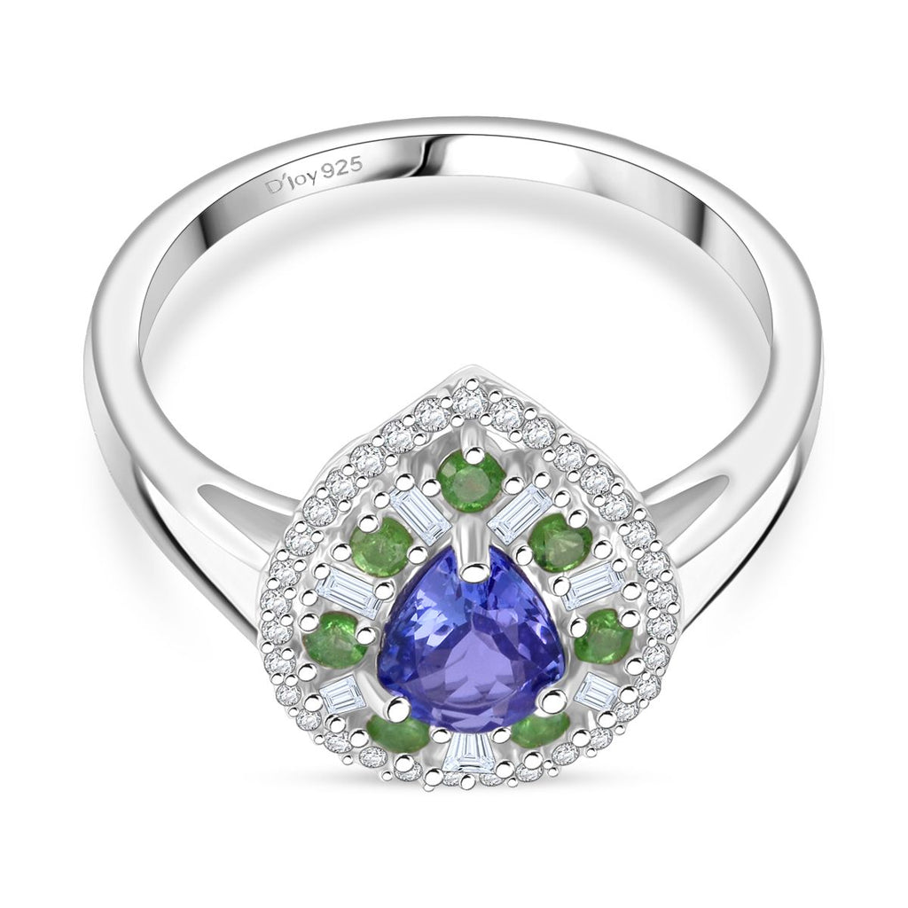 D'Joy - Tanzanite, Tsavorite Garnet & Moissanite Halo Ring in Rhodium Overlay Sterling Silver 1.22 Ct._8294080