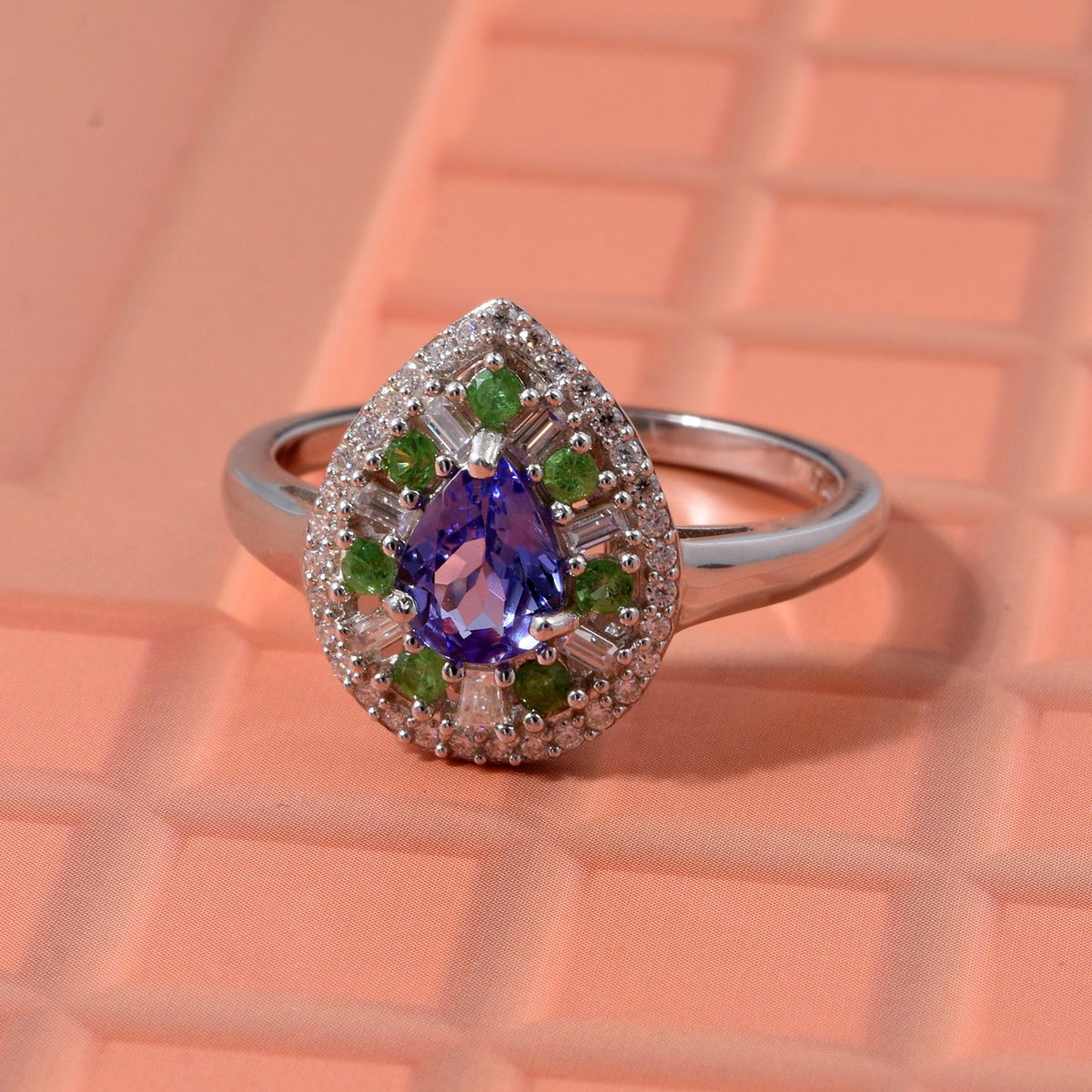 D'Joy - Tanzanite, Tsavorite Garnet &amp; Moissanite Halo Ring in Rhodium Overlay Sterling Silver 1.22 Ct. V32514568 1