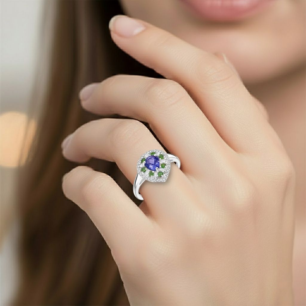 D'Joy - Tanzanite, Tsavorite Garnet & Moissanite Halo Ring in Rhodium Overlay Sterling Silver 1.22 Ct._8294080_2