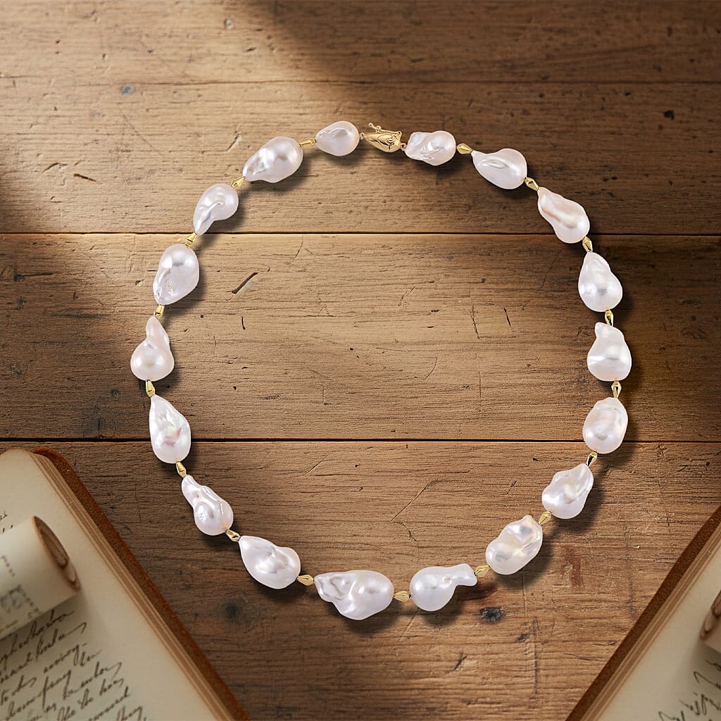 D'Joy AAAA White Baroque Pearl Necklace (Size 20) in Yellow Plating in Sterling Silver 8294124 2