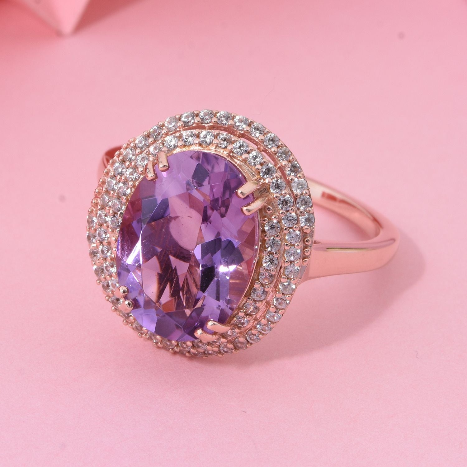 D'Joy Rose De France Amethyst &amp; White Zircon Halo Ring in 18K Vermeil Rose Gold Plated Sterling Silver 6.34 Ct. V32539062 1