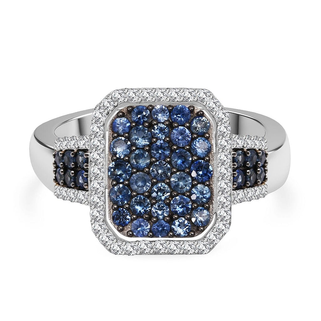 D'Joy Blue Ceylon Sapphire & White Zircon Ring in Rhodium Overlay Sterling Silver 1.96 Ct._8294461