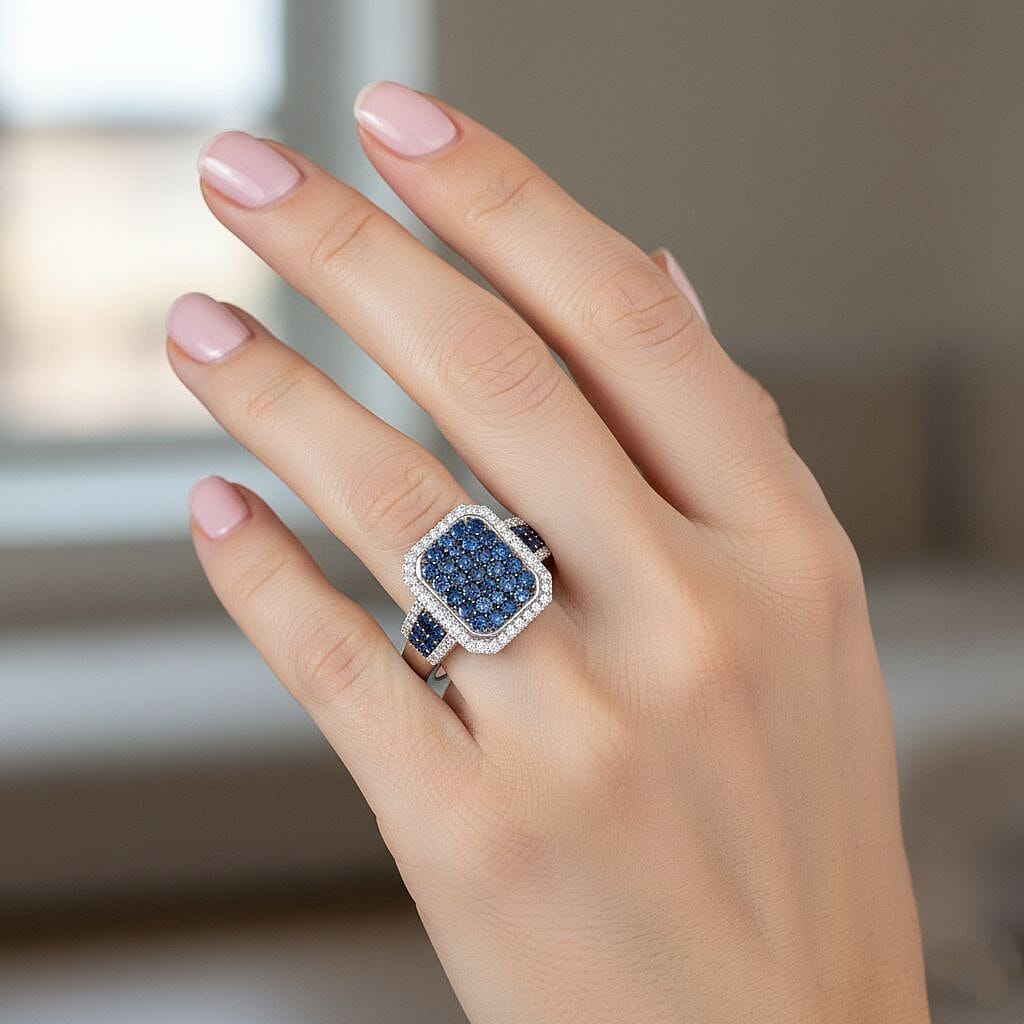 D'Joy Blue Ceylon Sapphire, White Zircon Cluster Ring in Rhodium Overlay Sterling Silver 1.96  Ct. 8294461 2