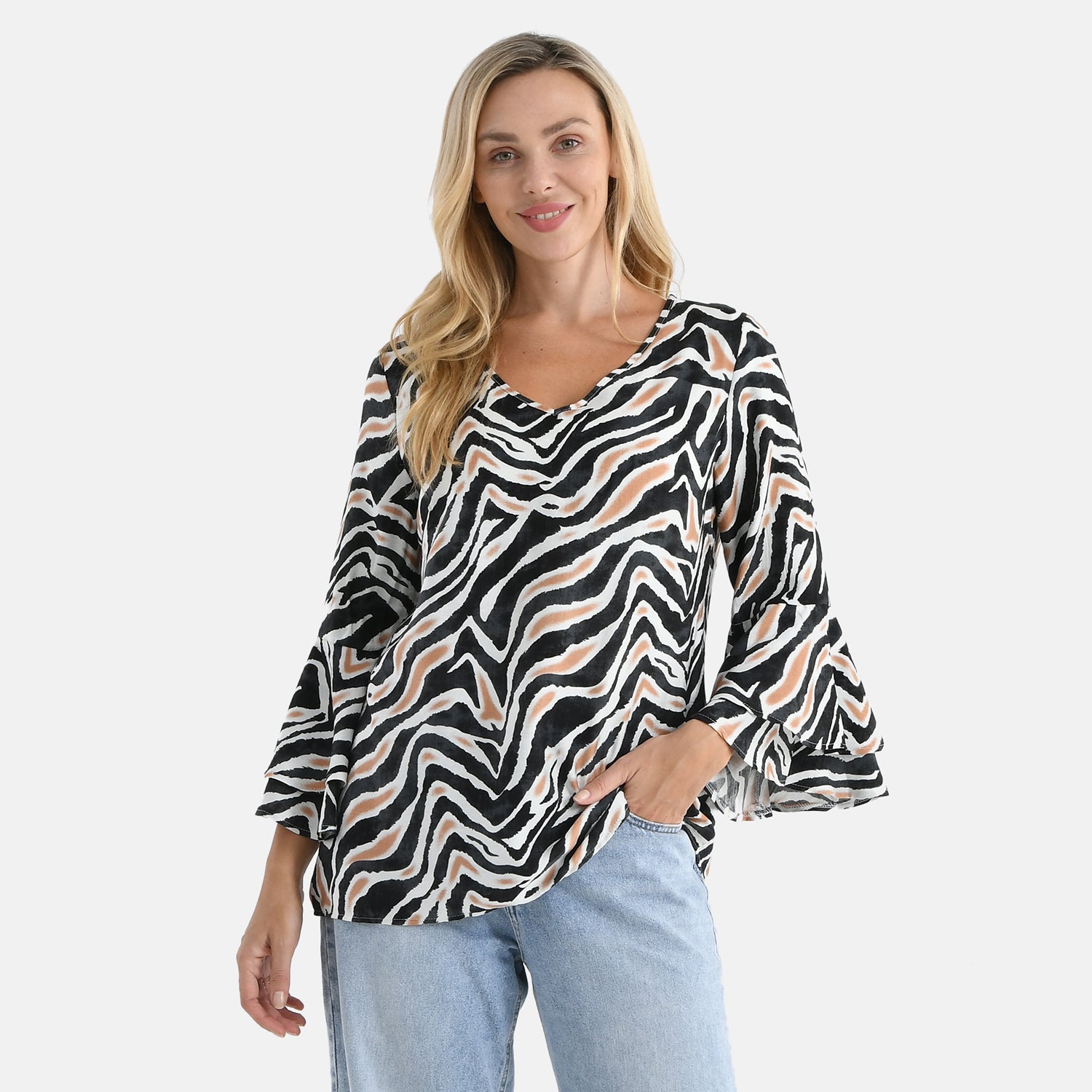 La Marey Bell Sleeves Wave Zebra Print Blouse (Size - 16 to 18) - Black and White V32528326 0