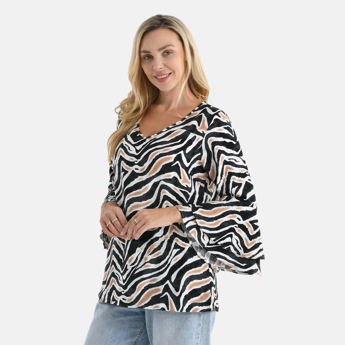 La Marey Bell Sleeves Wave Zebra Print Blouse (Size - 16 to 18) - Black and White V32528326 3