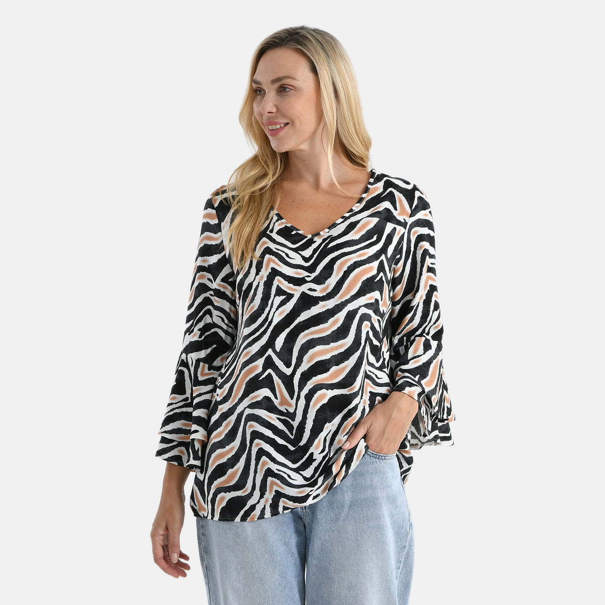 La Marey Bell Sleeves Wave Zebra Print Blouse (Size - 16 to 18) - Black and White V32528326 5