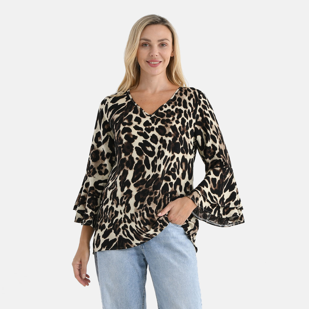 La Marey Bell Sleeves Leopard Print Blouse (Size - 12 to 14) - Brown & Dark Ivory_8294575