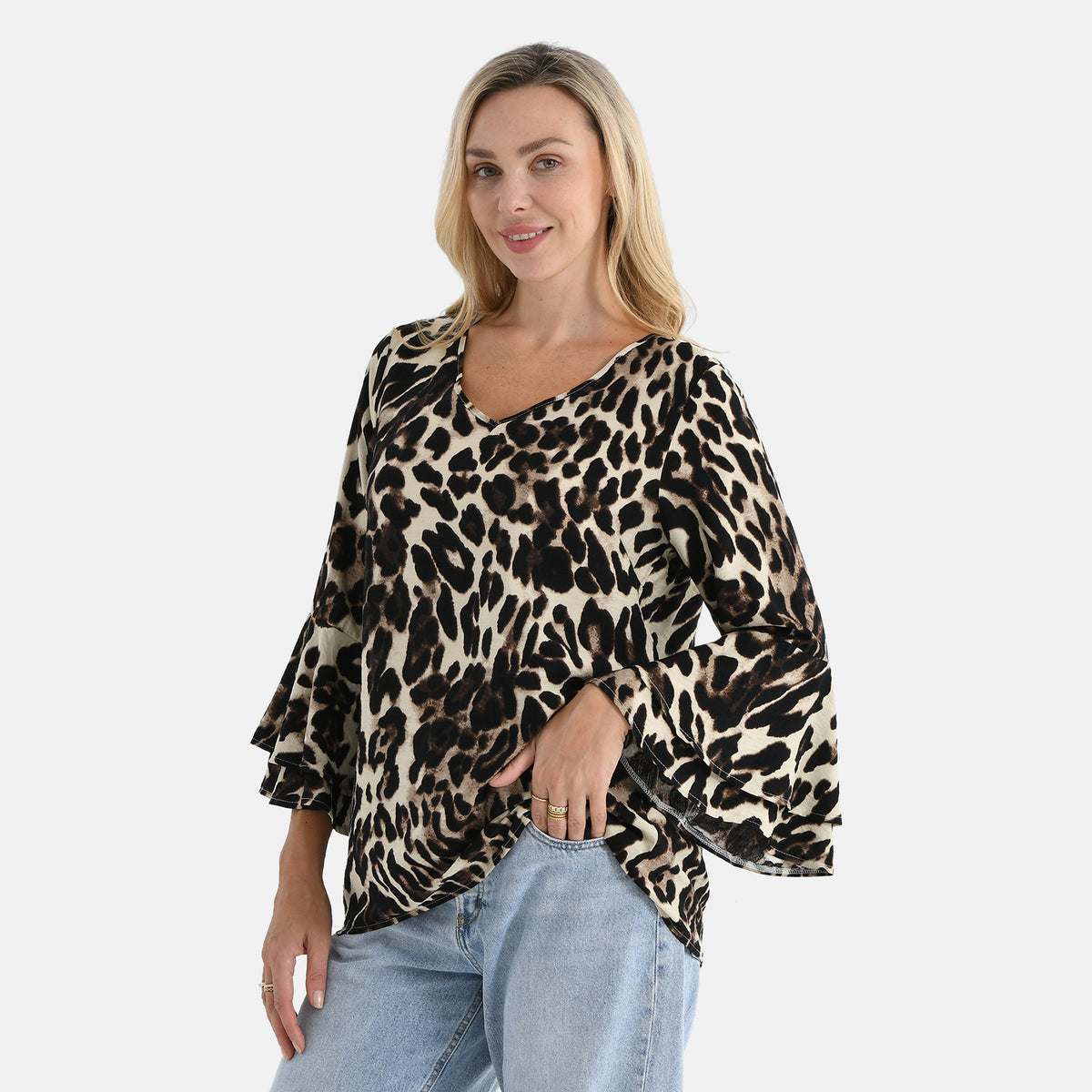 La Marey Bell Sleeves Leopard Print Blouse (Size - 12 to 14) - Brown &amp; Dark Ivory V32610985 3