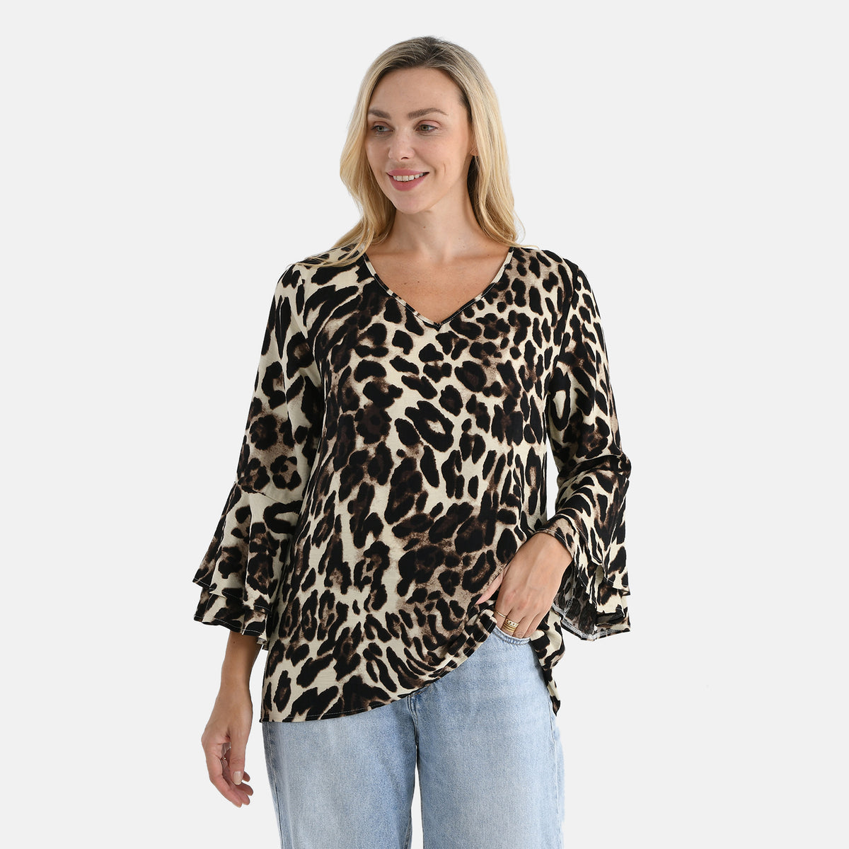 La Marey Bell Sleeves Leopard Print Blouse (Size - 12 to 14) - Brown &amp; Dark Ivory V32610985 4