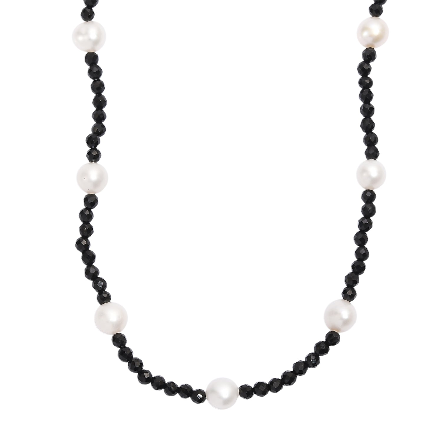 D'Joy Fresh Water Pearl &amp; Black Spinel Necklace (Size - 24) with Lobster Clasp in Rhodium Overlay Sterling Silver 45.00 Ct. 8294951 0