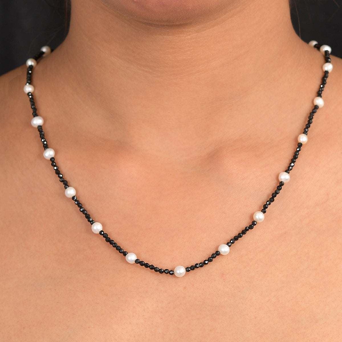 D'Joy Fresh Water Pearl &amp; Black Spinel Necklace (Size - 24) with Lobster Clasp in Rhodium Overlay Sterling Silver 45.00 Ct. 8294951 2