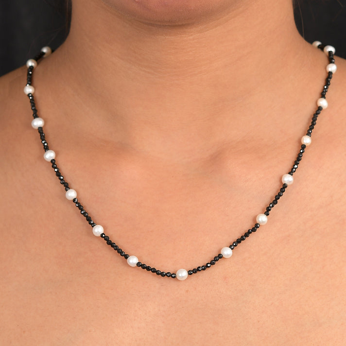 D'Joy Fresh Water Pearl &amp; Black Spinel Necklace (Size - 24) with Lobster Clasp in Rhodium Overlay Sterling Silver 45.00 Ct. 8294951 2
