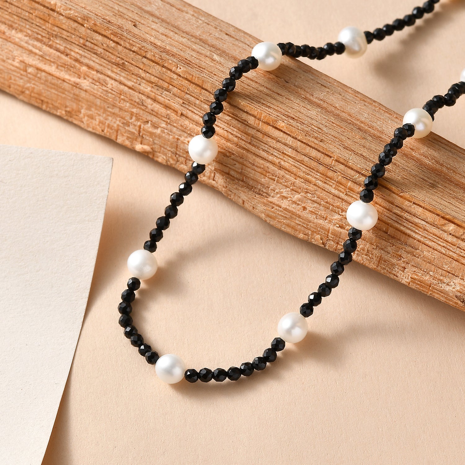 D'Joy Fresh Water Pearl &amp; Black Spinel Necklace (Size - 24) with Lobster Clasp in Rhodium Overlay Sterling Silver 45.00 Ct. 8294951 3