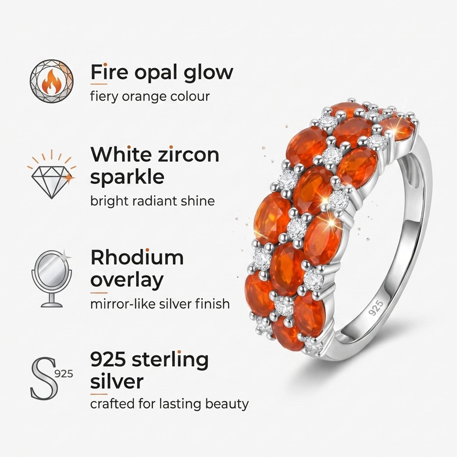 D'Joy - Fire Opal &amp; White Zircon Ring in Rhodium Overlay Sterling Silver 2.70 Ct. V32519370 4