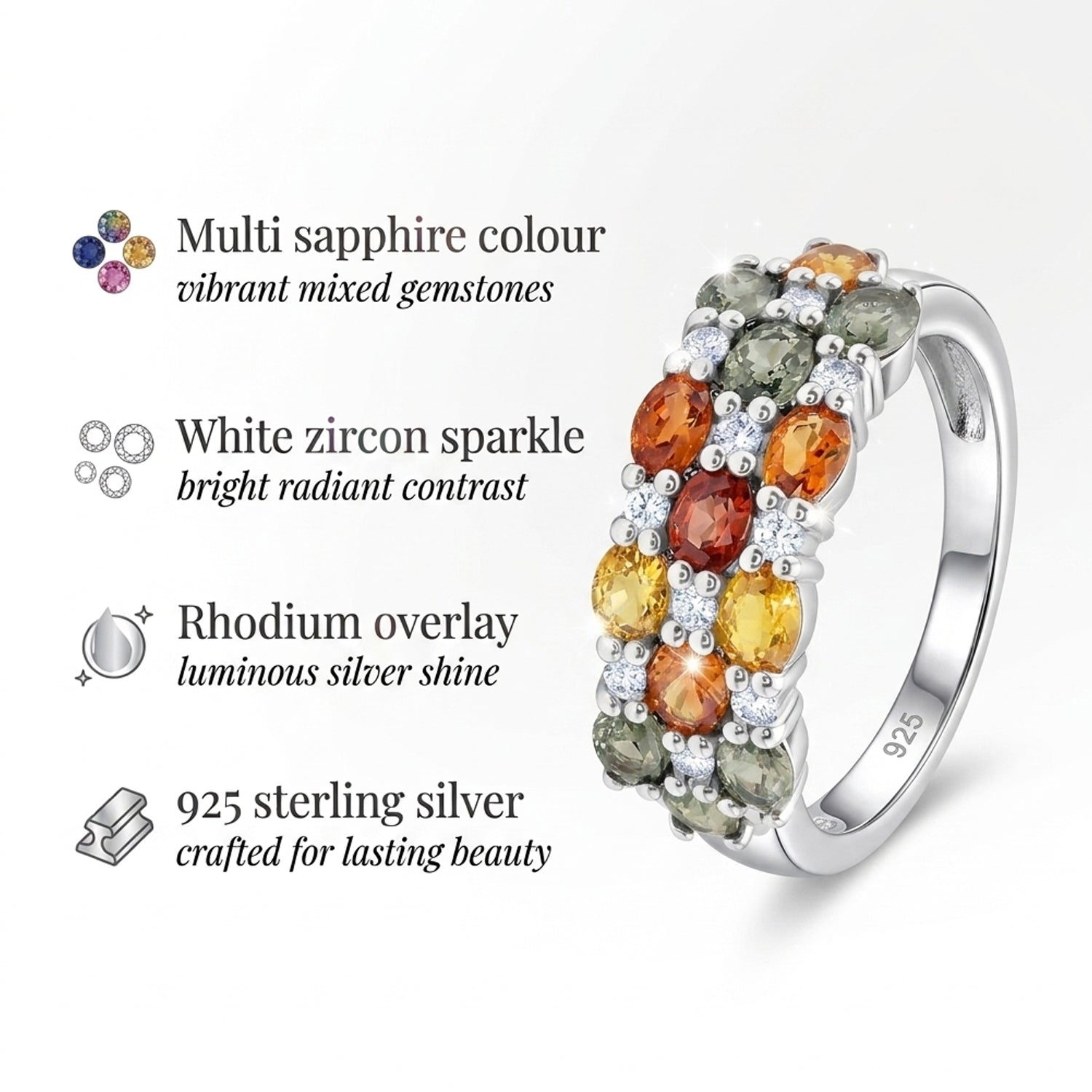 D'Joy - Multi Sapphire &amp; White Zircon Ring in Rhodium Overlay Sterling Silver 2.70 Ct. V32533032 4