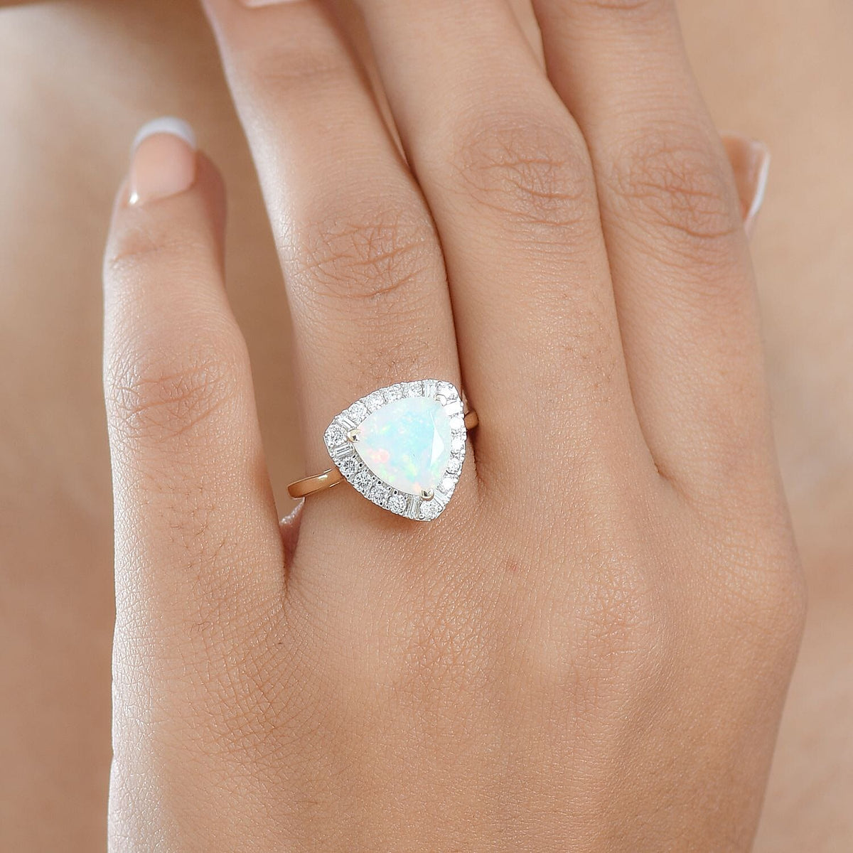 Certified and Appraised LUXURIANT AAA Ethiopian Opal, Lab Grown Diamond GH, SI Main Stone With Side Stone Ring in 10K Yellow Gold, Gold Wt.3.58 Gms  2.482  Ct. 8296986 2