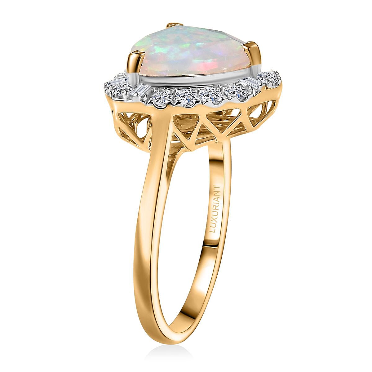 Certified and Appraised LUXURIANT AAA Ethiopian Opal, Lab Grown Diamond GH, SI Main Stone With Side Stone Ring in 10K Yellow Gold, Gold Wt.3.58 Gms  2.482  Ct. 8296986 3