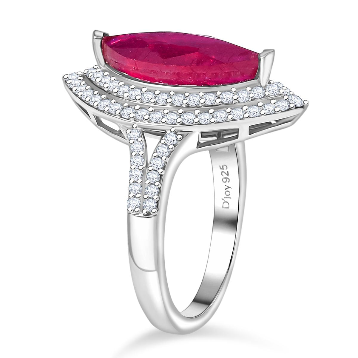D'Joy Fissure Filled Natural Ruby, Moissanite Halo Ring in Rhodium Overlay Sterling Silver 4.78 Ct. V32635870 4
