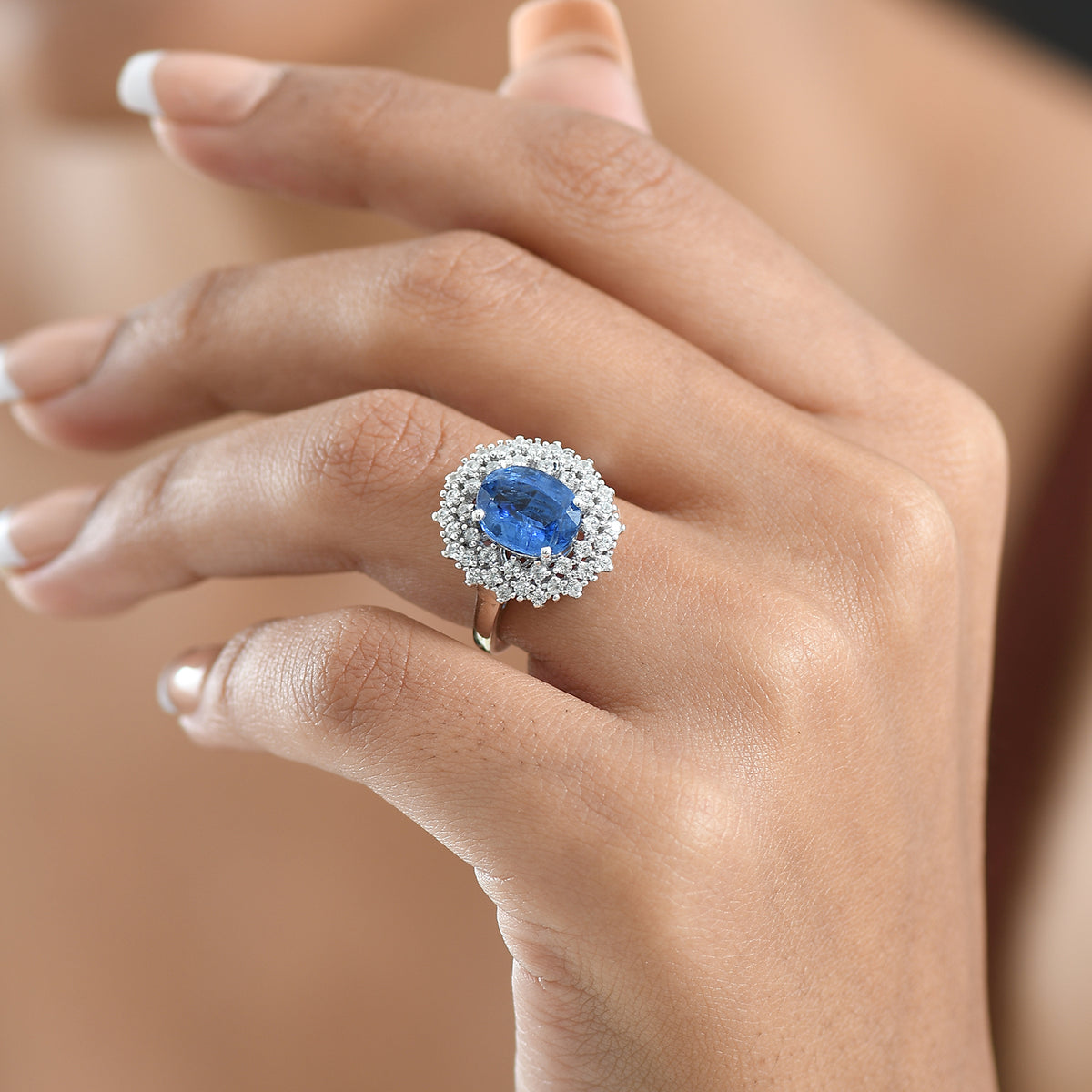 D'Joy 3.4 Ct. Kyanite, White Zircon Double Halo Ring in Rhodium Overlay Sterling Silver V32514040 3
