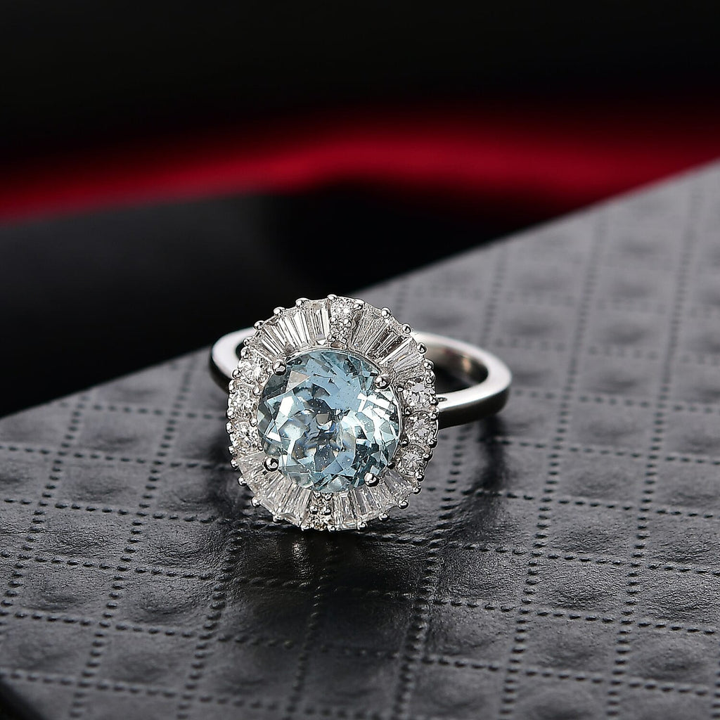 Luxuriant 10K White Gold AAA Aquamarine, Lab Grown Diamond GH, SI Main Stone With Surrounding Stone Ring, Gold Wt.3.57 Gms  1.164  Ct._8298973_1