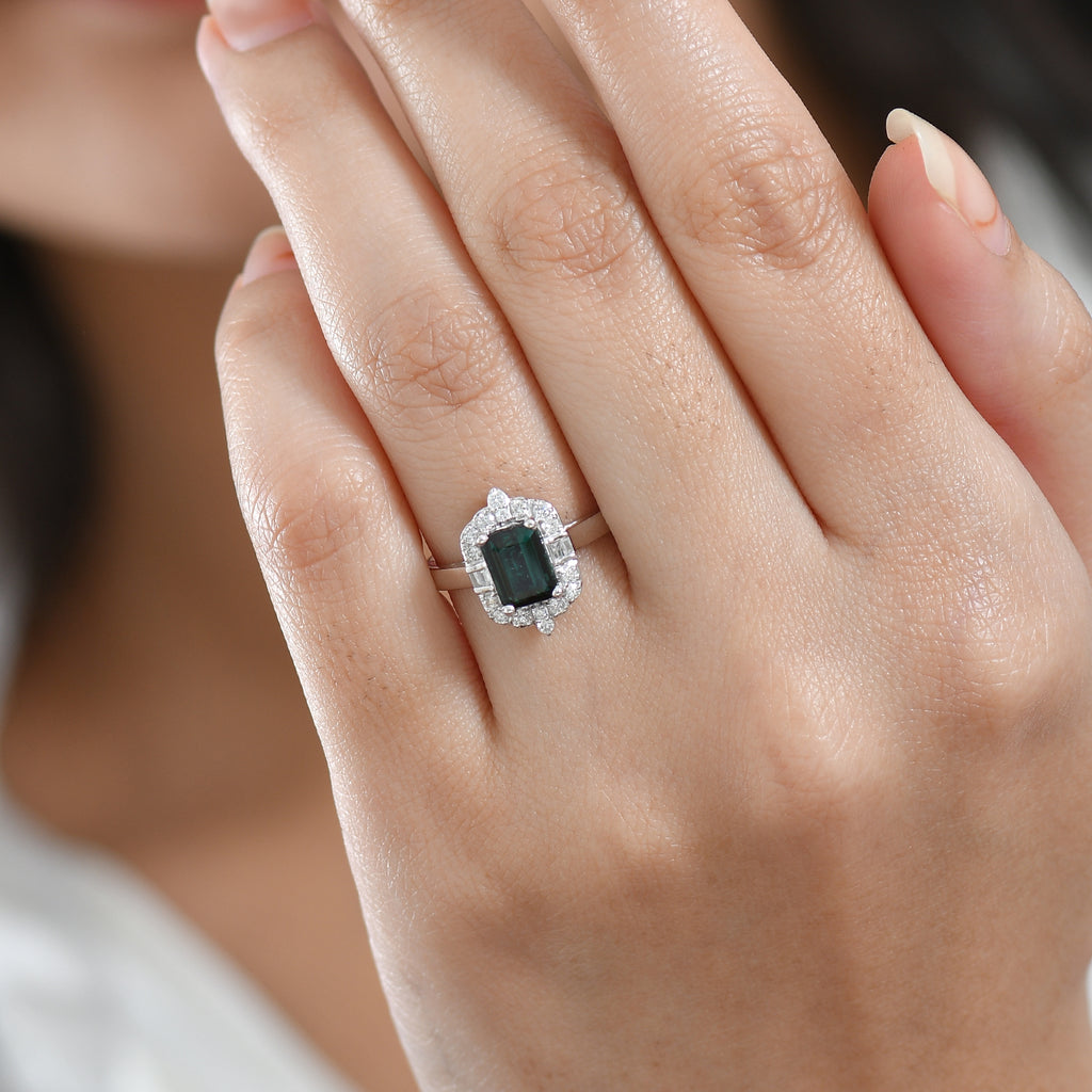 Luxoro AGI Certified & Appraised 10K White Gold AAA Lagoon Tourmaline & Natural White Diamond Ring 1.77 Ct._8299574_2