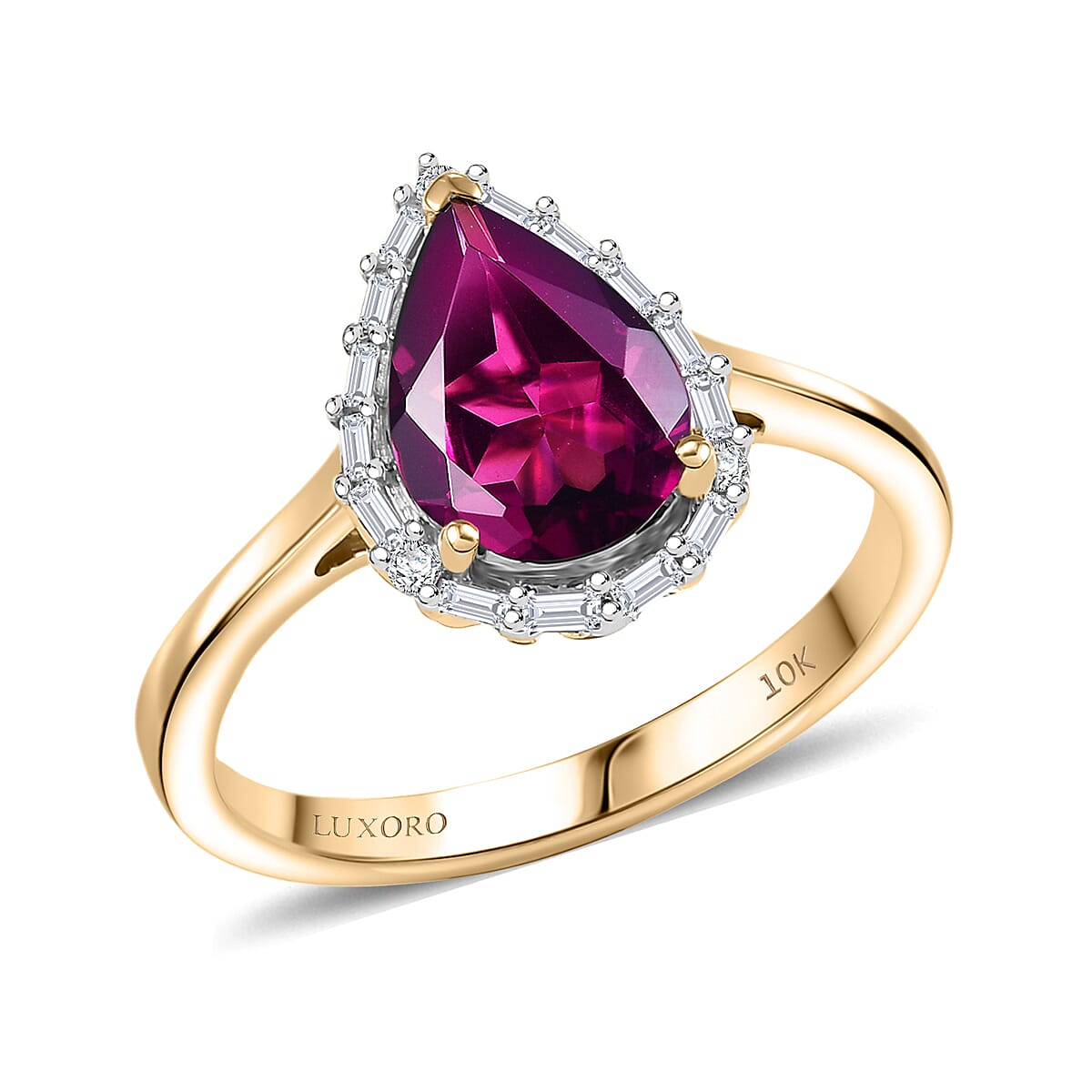 Luxoro 9K Yellow Gold AGI Certified AAA Radiant Ember Garnet & White Diamond Pear Cut Halo Ring 2.35 Ct, Gold Wt. 2.50 Gms_8300756