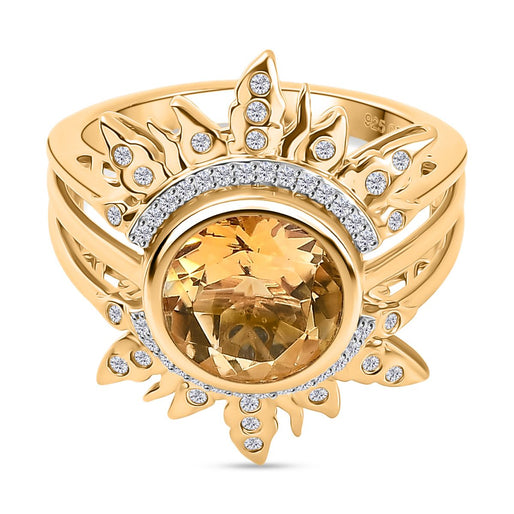 GP- Celestial Dream Collection Citrine, Blue Sapphire & White Zircon Sunburst Ring in 18K Vermeil Yellow Gold Plated Sterling Silver 3.88 Ct._8302129
