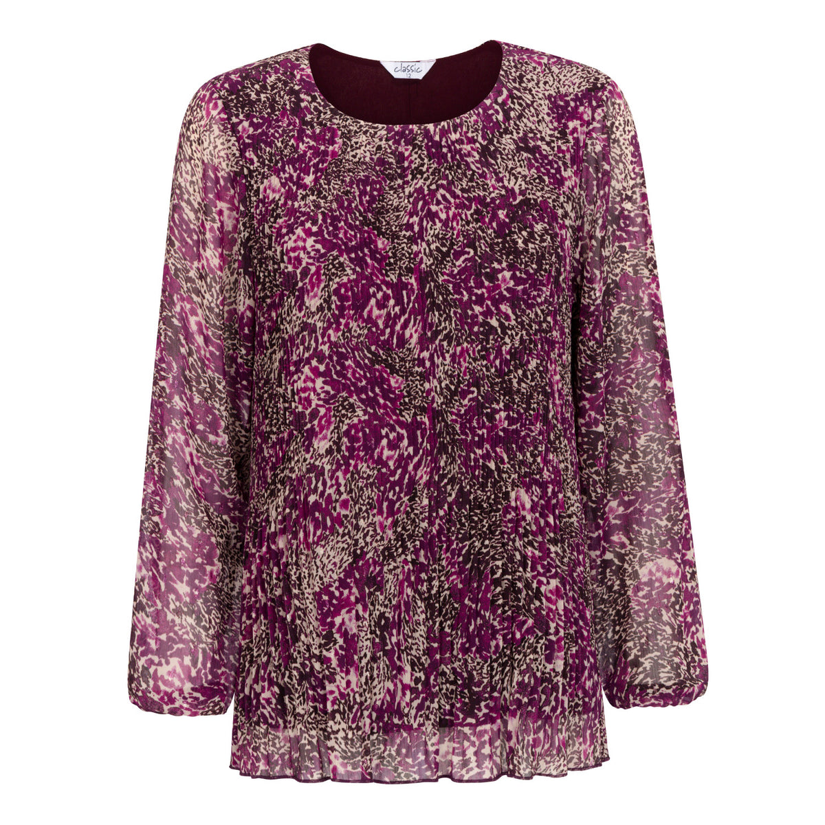 Classic Round Neck Long Sleeve Abstract Print Top (Size 10) - Purple 8302311 0