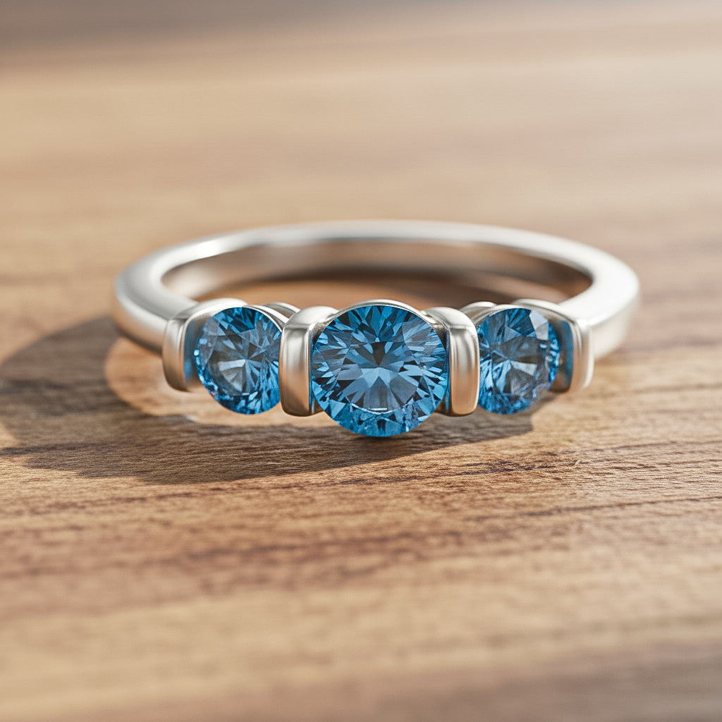 LUXURIANT 1 Ct. Lab Grown Blue Diamond VS Trilogy Ring in Rhodium Overlay Sterling Silver V32660468 1