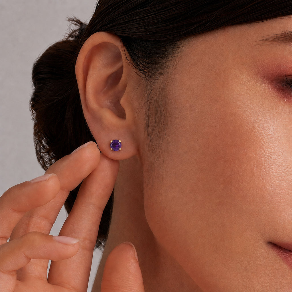 Royal Bali Collection - D'Joy African Amethyst Solitaire Stud Earring with Screw Back in 18K Vermeil Yellow Gold Plated Sterling Silver_8305359_1