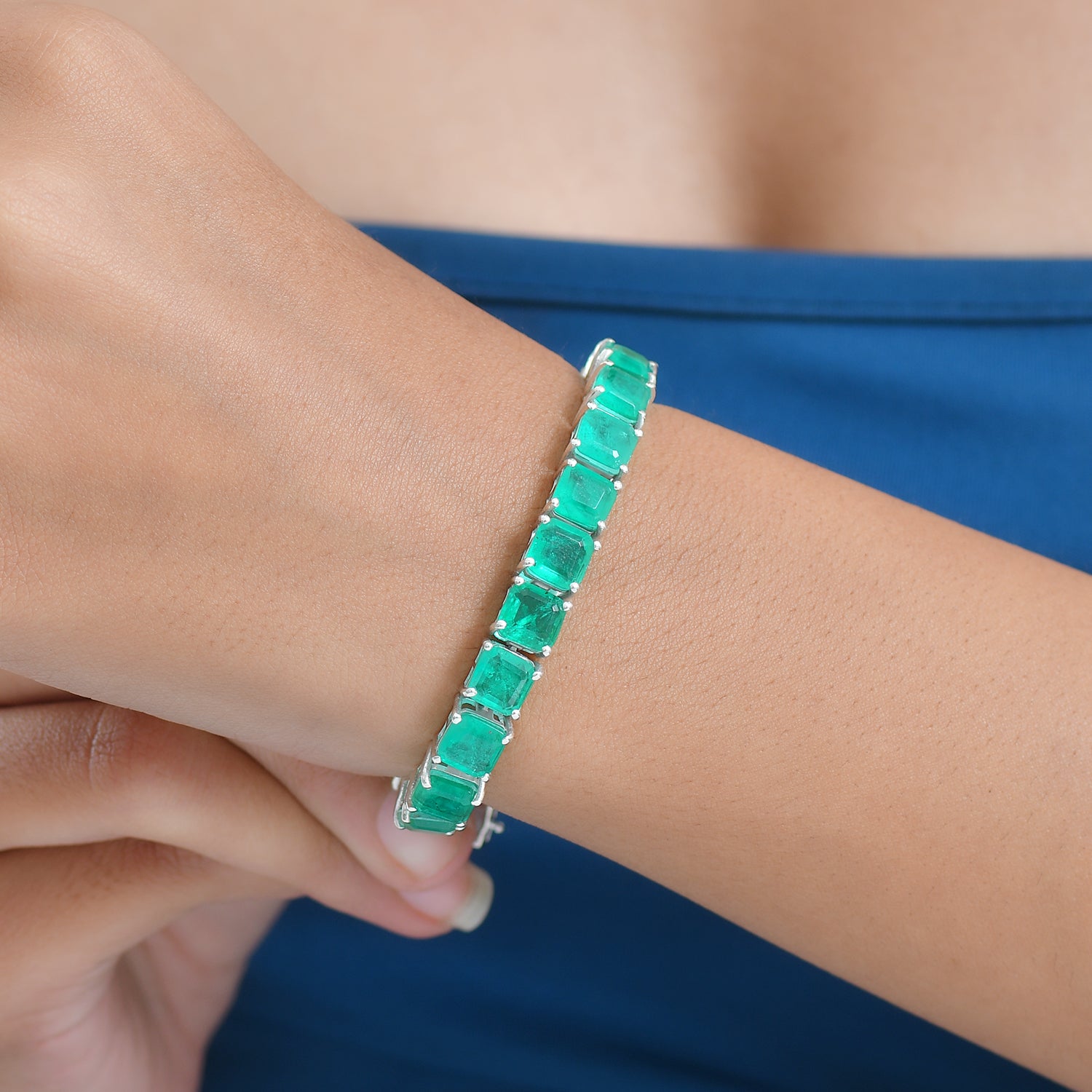 D'Joy Emeraldine Triplet Quartz Line Bracelet (Size 7.5) with GB Lock Box in Rhodium Overlay Sterling Silver 39.58 Ct, Silver Wt. 16.00 Gms. 8306129 3