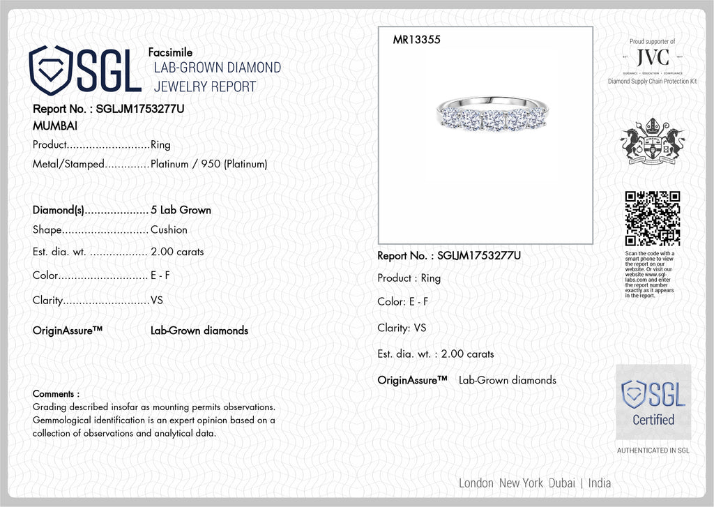 Luxuriant 950 Platinum SGL Certified (VS/EF) Cushion Cut Lab Grown Diamond Ring 2.00 Ct. Platinum Wt 4.01 Gms_8306321_7